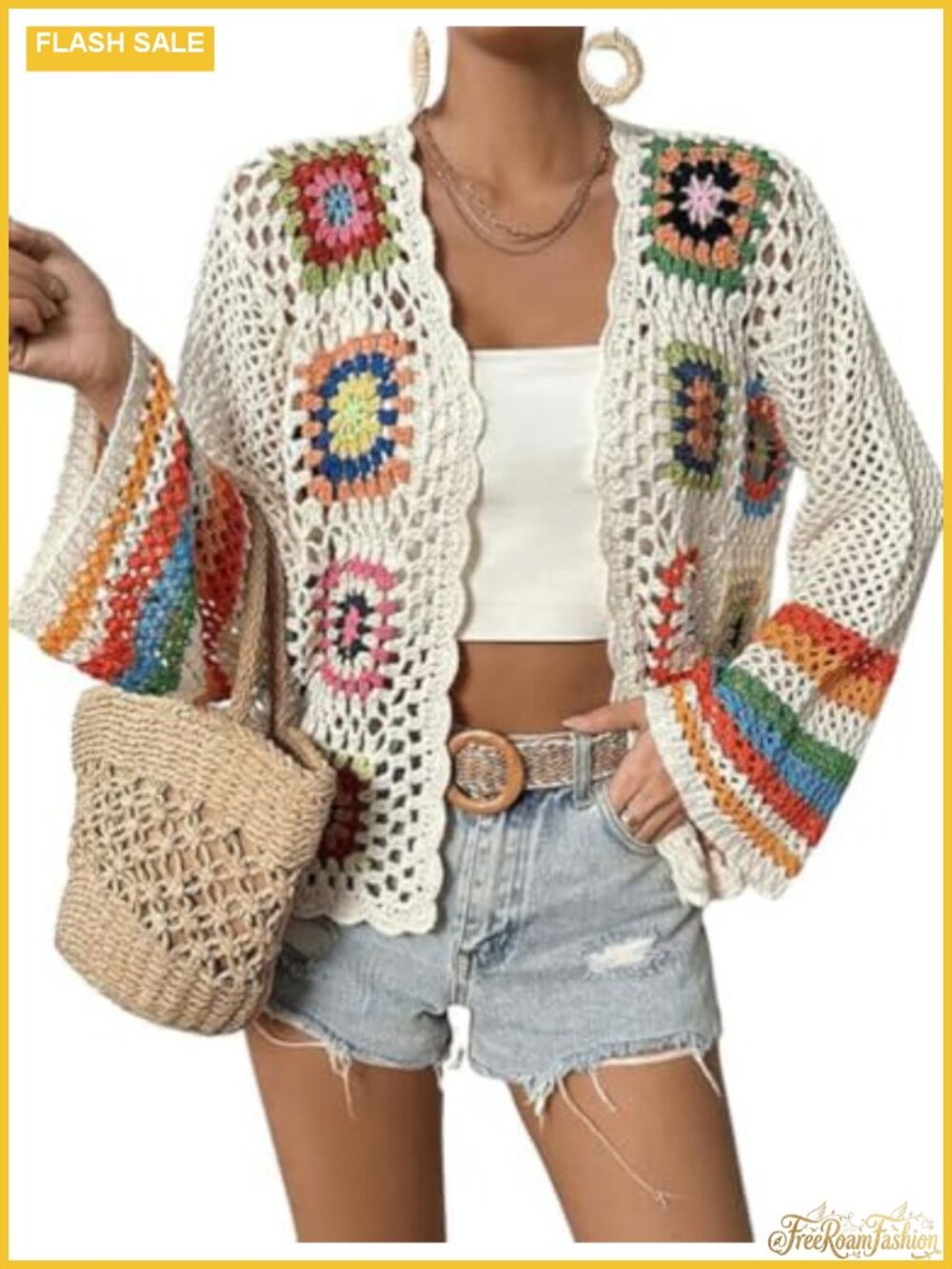 Crochet Cardigan Sweater Boho Open Front Long Sleeve Knit